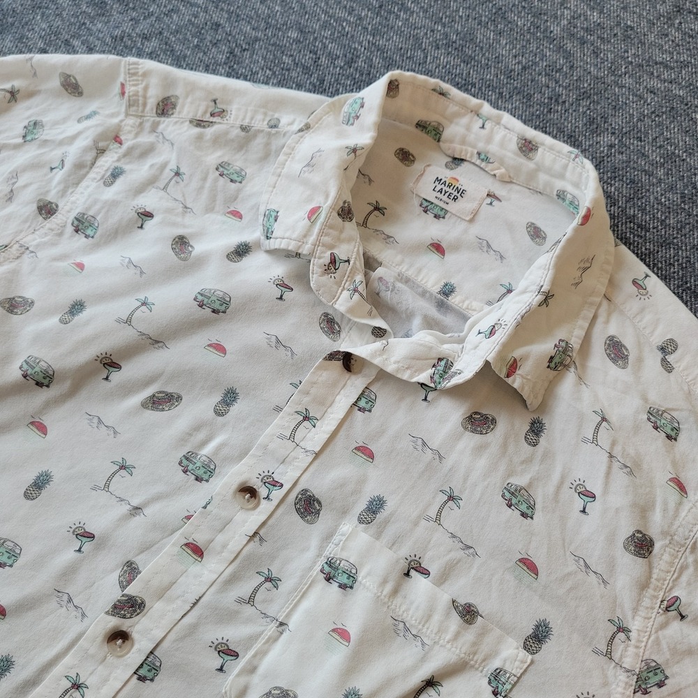 Marine Layer Mens Medium White Button Up Tropical All Over Print Shirt Short Slv